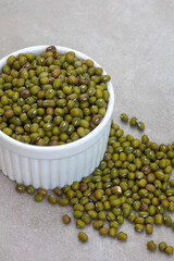 
Mung Beans in round bowl on mottled grey surface with copy space
