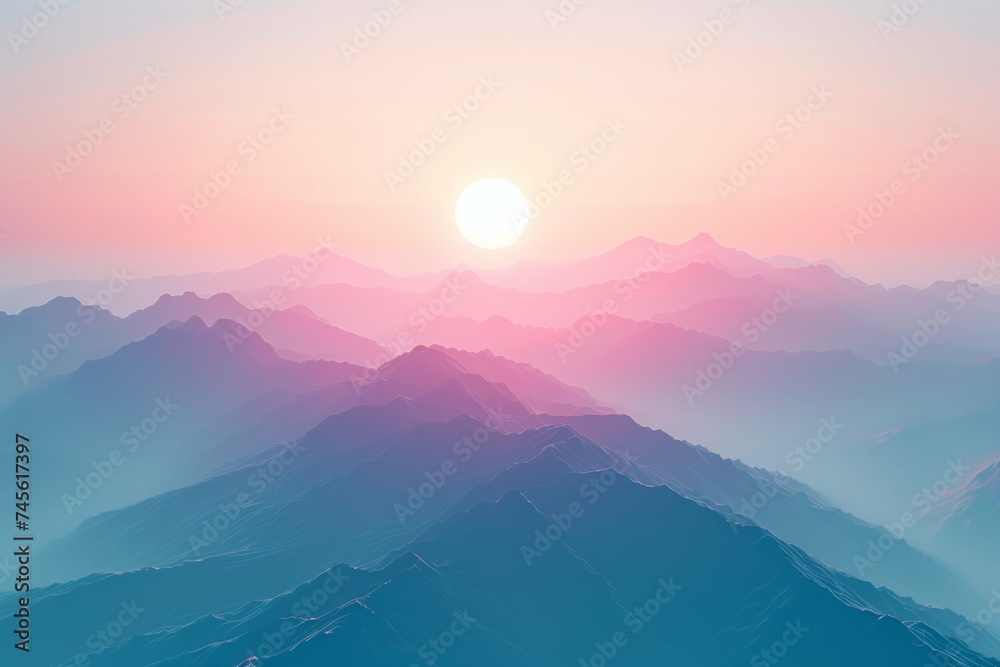 Wall mural serene sunrise over misty mountains with a gradient sky.