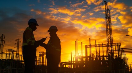 Obraz premium Silhouettes of two engineers standing at a power station, discussing plans, industrial, pollution, factory, environment, smoke, sky, ecology, plant, steam