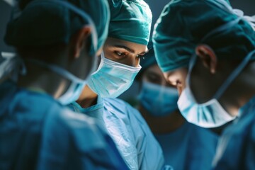 Team of surgeons in scrubs concentrating on a procedure in an operating room, with a focus on one looking at the camera. - Powered by Adobe