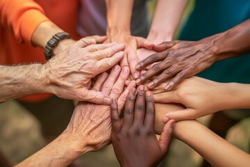 Diverse hands together in unity, symbolizing teamwork and solidarity.