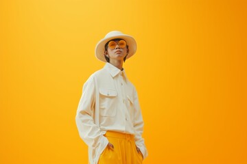 Stylish person in yellow outfit and white hat against a matching yellow background, exuding confidence and fashion-forward thinking.