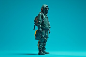 Fototapeta premium Side view of a person in casual streetwear with a backpack standing against a teal background.