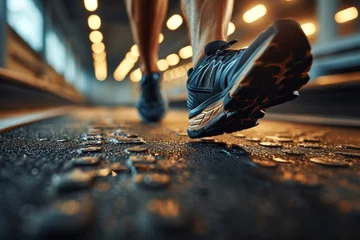 Fototapeten sport, lifestyle, runner, training, jogging, shoe, active, exercise, activity, background. an athlete running on the road in the city at night. close up of his feet running sport, Generative ai. © sornthanashatr
