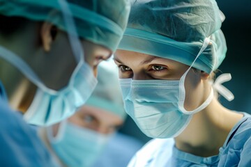 Focused surgeons in scrubs and masks performing surgery in an operating room.