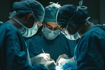 Concentrated surgical team performing an operation in a dimly lit operating room.