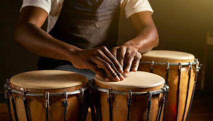 Close-up of a hands of a percussionist while playing wooden bongos. Percussion instrument. Generative Ai.