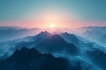 Misty mountain sunrise with soft light over layered peaks, serene nature background.