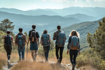 Group of hikers with backpacks walking on a mountain trail, scenic landscape view. Travels