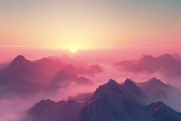 Misty sunrise over serene mountain peaks with soft pastel colors