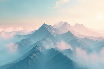 Misty mountain peaks bathed in soft sunrise light, serene nature background.