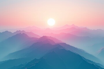 Serene sunrise over misty mountains with a gradient sky.