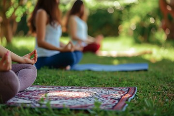 Two people meditating in a peaceful park setting, focus on the foreground with blurred background.