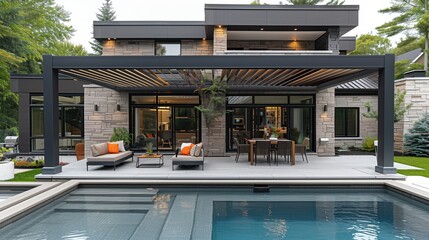an aluminium pergola , in the style of dark gray and dark blue, transparent/translucent medium,  refined elegance, vibrant and lively hues.
