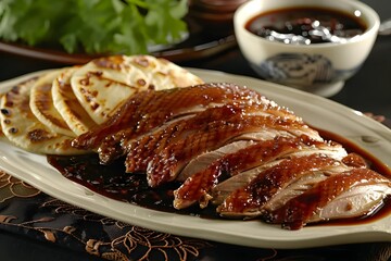 Dive into the succulent delight of Peking duck, a renowned Chinese culinary masterpiece celebrated for its crispy skin and tender meat.