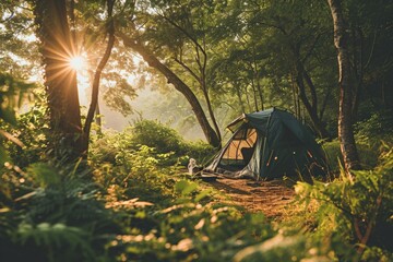 tent, lake, nature, travel, adventure, mountain, summer, background, forest, holiday. beautiful sunset over a campground near a peaceful lake with multiple tents, the beauty of camping in nature. - obrazy, fototapety, plakaty