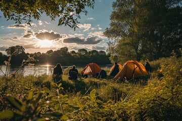 tent, lake, nature, travel, adventure, mountain, summer, background, forest, holiday. beautiful sunset over a campground near a peaceful lake with multiple tents, the beauty of camping in nature.