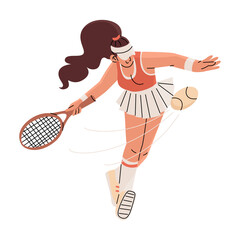 A girl with a racket in a short skirt plays tennis. Big sport. Hobbies, ball games and summer activities. Vector illustration isolated on transparent background.