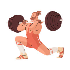 An athlete lifts a heavy barbell. A strong, muscular man is training with heavy weights. Training with the gym. Summer sports and competitions. Vector illustration isolated on transparent background.