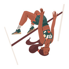 A girl athlete bends over and flies over an obstacle. High jump. Summer sports and competitions. Vector illustration isolated on transparent background.