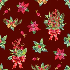 Tuinposter Christmas pattern with holly branches and poinsettia. Hand drawn seamless print for wrapping paper. New Year's bouquets and traditional botanical berries endless ornament. © Olga Shulgina