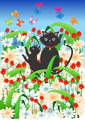 spring composition with cats sitting among flowers
