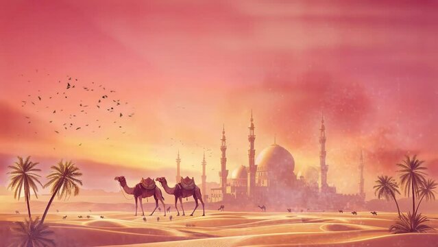 flat landscape of dessert with silhouette mosque and camel