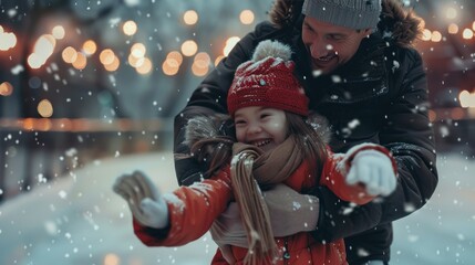  father hugging his daughter in the snow - obrazy, fototapety, plakaty