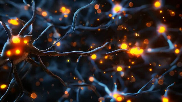 Neural cells and synaptic connections emerging in the darkness, with orange signals transmitting between them.
