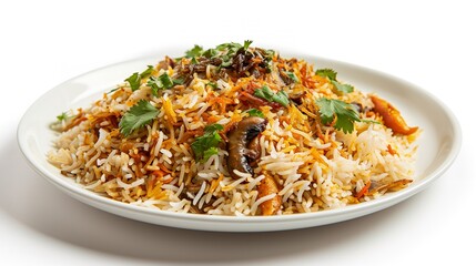 Biryani Rice with Mushrooms Isolated on White Background