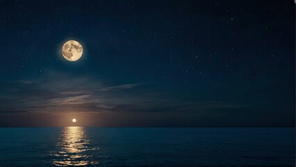 Naklejka na ściany i meble The night brings a serene scene of the moonlit sky arching over the calm sea.