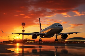 Fototapeta na wymiar Airplane on the airport runway on sunset
