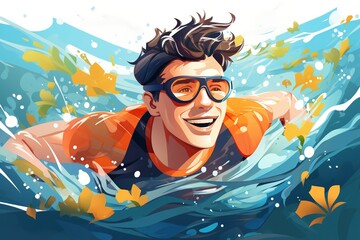 swimmer in open sea illustration - obrazy, fototapety, plakaty
