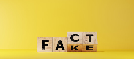 Flipping Wooden cube block for change fake to fact , news and social media concept.