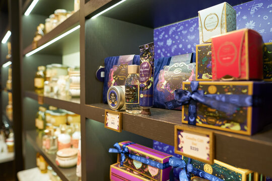 HONG KONG, CHINA - DECEMBER 04, 2023: personal care products displayed at Sabon store in New Town Plaza shopping mall.