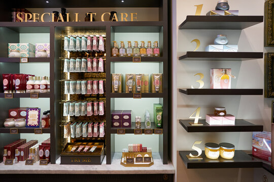 HONG KONG, CHINA - DECEMBER 04, 2023: personal care products displayed at Sabon store in New Town Plaza shopping mall.