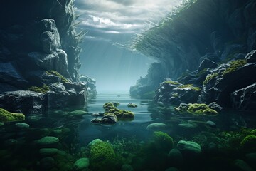 Serene Underwater Cave with Sunlight Beams. 