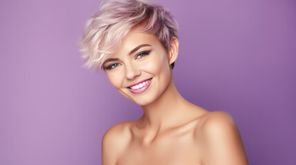 Portrait of a beautiful, sexy Caucasian woman with perfect skin and white short hair, on a purple background.