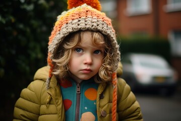 Cute little girl with blond curly hair and colorful knitted hat on the street
