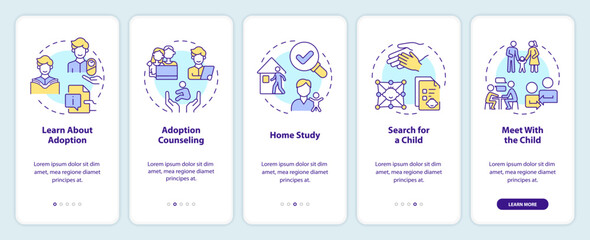 Adoption process onboarding mobile app screen. Preparation walkthrough 5 steps editable graphic instructions with linear concepts. UI, UX, GUI template. Myriad Pro-Bold, Regular fonts used
