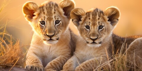 Close up portrait of three lion cubs in the Sava.