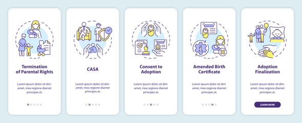 Adoption laws onboarding mobile app screen. Legal process walkthrough 5 steps editable graphic instructions with linear concepts. UI, UX, GUI template. Myriad Pro-Bold, Regular fonts used