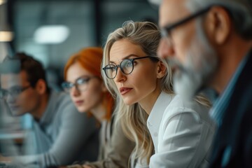 businessman, group, meeting, background, office, team, teamwork, work, communication, discussion. young and mature professionals, employees working together on a project in the office. generative ai.