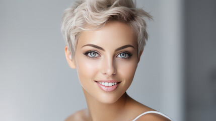 Portrait of a beautiful, sexy smiling Caucasian woman with perfect skin and short haircut, on a...
