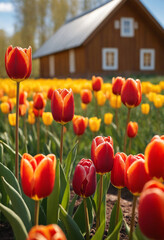 Red and yellow tulips in the field, near the little house.