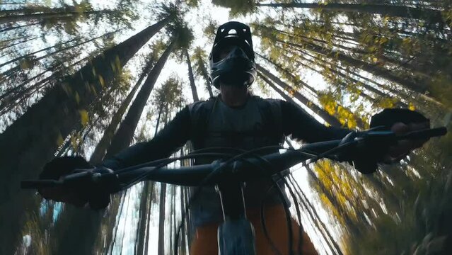 Intense Mountain Biking in Trees with Camera Facing Athlete