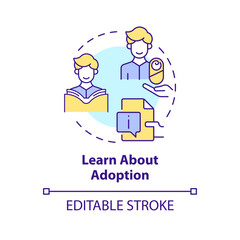 Learn about adoption multi color concept icon. Adoption process. Preparation for parenting. Reading and studying information. Round shape line illustration. Abstract idea. Graphic design. Easy to use