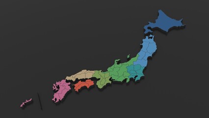 日本地図　ダーク　地方色分け