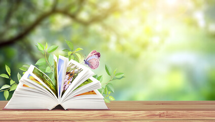 Book of nature. Horizontal banner with book open and butterfly on wood table. Knowledge, education,...