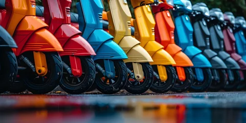 Foto op Plexiglas A row of brightly colored scooters parked neatly on a street. Concept Outdoor Photoshoot, Colorful Props, Urban Lifestyle, Transportation, Street Scene © Anastasiia